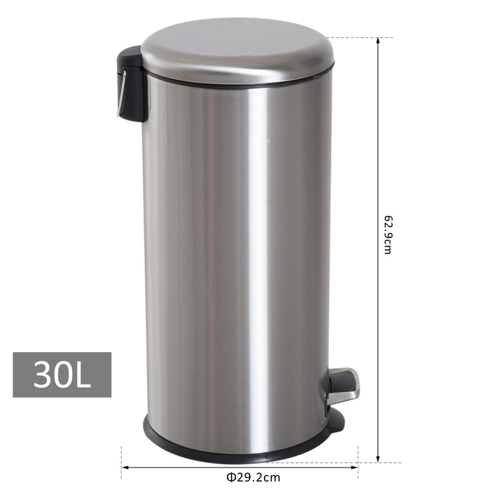 Stainless Steel 30L Foot Pedal Bin - Metal Waste Container with Lid for Kitchen - Hygienic Garbage Solution for Home Use