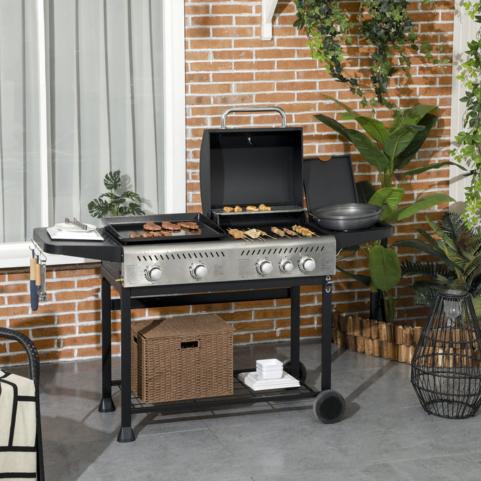 15 kW Gas BBQ Grill and Plancha with Side Burner - High-Power Outdoor Cooking Station, Black Finish - Perfect for Grilling Enthusiasts and Backyard Chefs