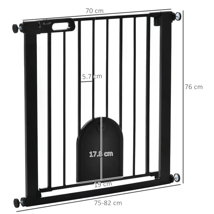 Pet Safety Gate 75-82 cm - Pressure-Mounted Barrier w/ Small Pet Door, Auto-Close & Double Locking - Ideal for Doorways & Stairs, For Dogs & Cats