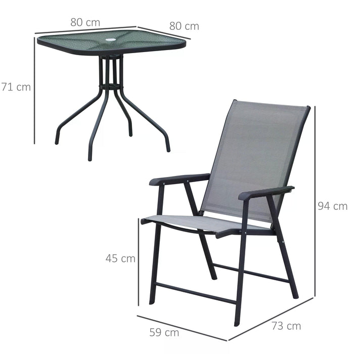 Classic 5-Piece Patio Ensemble - Foldable Steel Chairs & Glass-Top Table with Texteline Comfort - Outdoor Dining Set with Parasol Hole for Garden Spaces