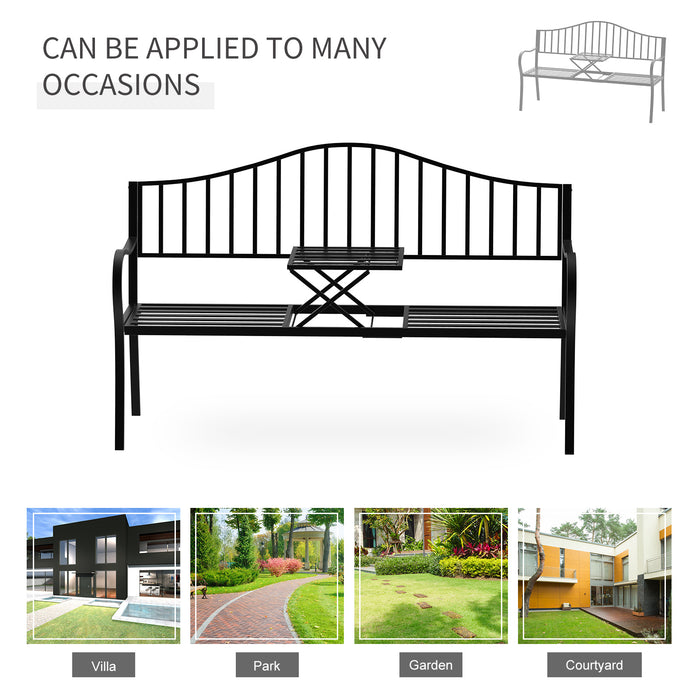 Outdoor Patio Bench with Folding Center Table - Metal Frame Garden Seating - Versatile Furniture for Parks and Home Gardens