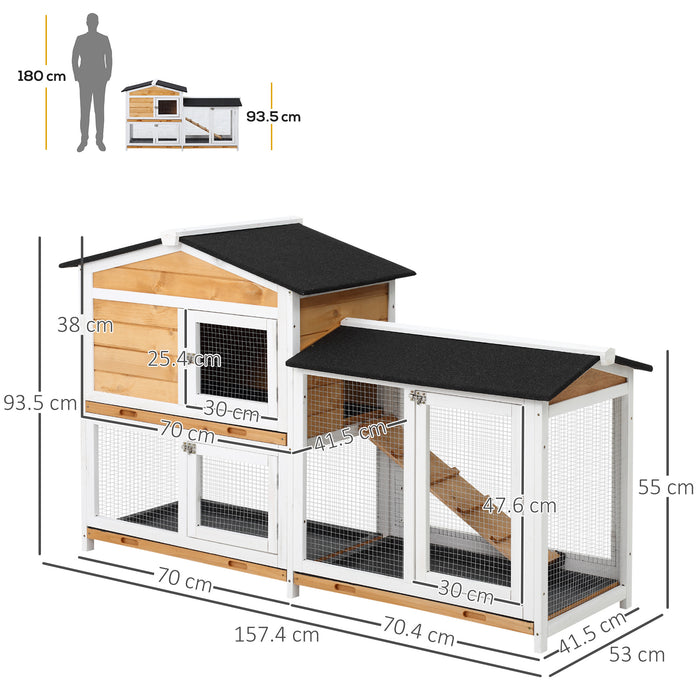 2-Tier Rabbit Hutch - Spacious Wooden Pet Cage with Sliding Tray and Ramp for Guinea Pigs and Small Animals - Outdoor Use, 157.4x53x93.5cm, Yellow