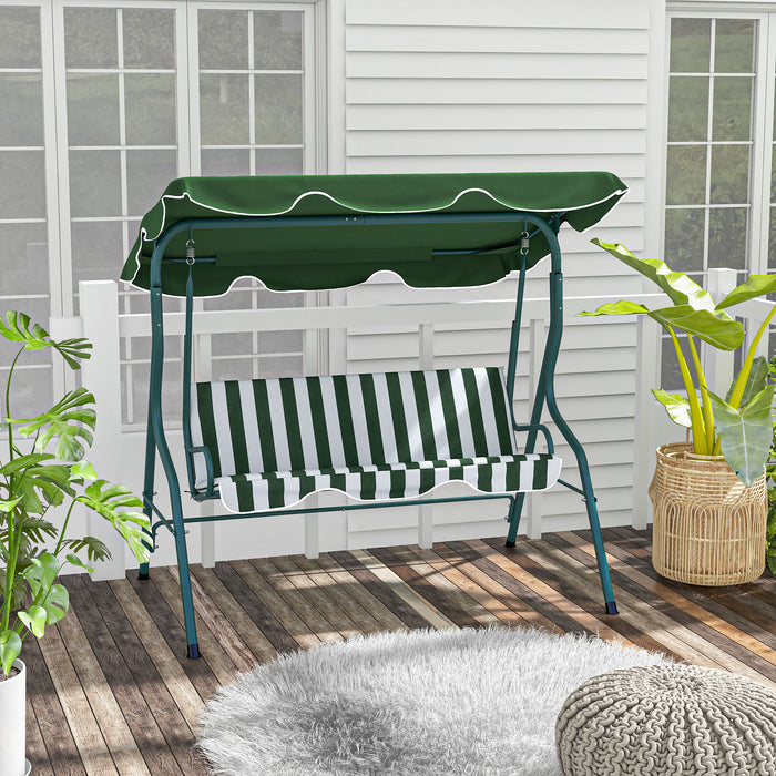 Adjustable Canopy 3-Seater Garden Swing - Outdoor Bench Chair with Metal Frame and Green Striped Cushions - Perfect for Patio, Relaxation and Comfort