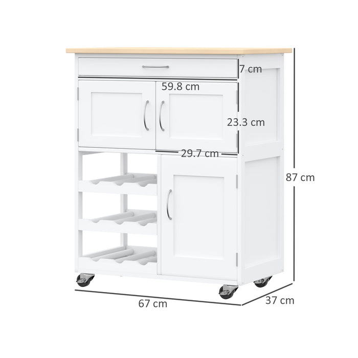 Modern Rolling Kitchen Trolley - Island Storage Cart with Drawer, Wine Rack, Cabinets, Wooden Countertop - Space-Saving Organizer for Home Chefs