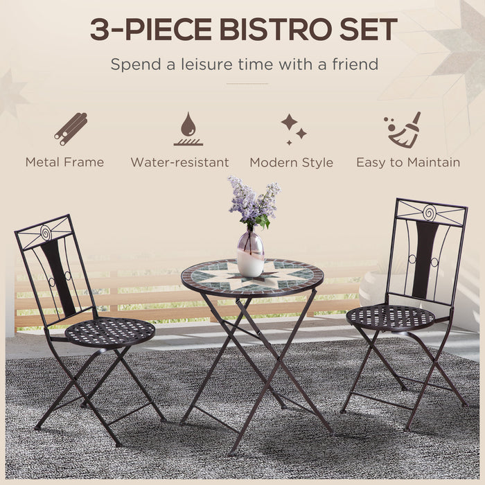 3-Piece Patio Bistro Set - Mosaic Tabletop, Foldable Armless Chairs, Metal Frame - Ideal for Garden & Poolside Coffee Breaks