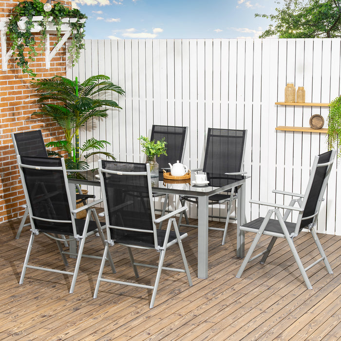 7-Piece Garden Dining Set with Tempered Glass Top & Texteline Seats - Outdoor Aluminium Frame Table & 6 Reclining Folding Chairs - Ideal for Patio Entertainment and Relaxation