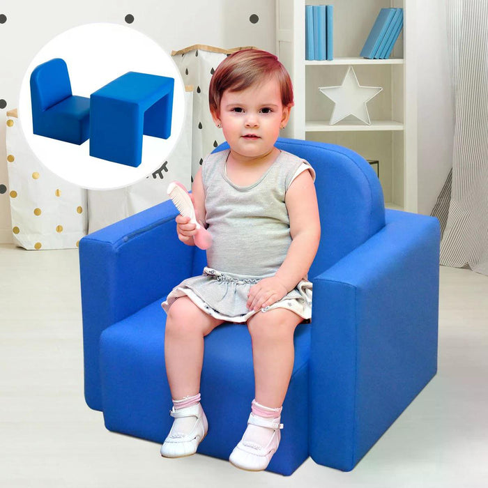 Kids Mini Sofa 3-in-1 - Multi-Functional Table and Chair Set, Children's Armchair Seat for Relaxation and Play - Ideal for Girls and Boys, Playroom Furniture in Chic Blue