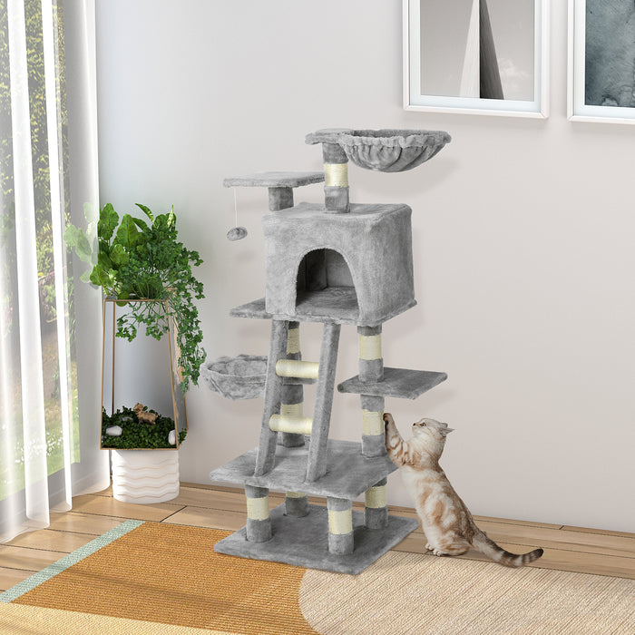 Plush Kitty Playhouse with Sisal Scratching Posts - 1.2m Multi-Level Cat Tree with Basket, Perch, and Condo - Ideal for Play, Rest, and Claw Health, Light Gray
