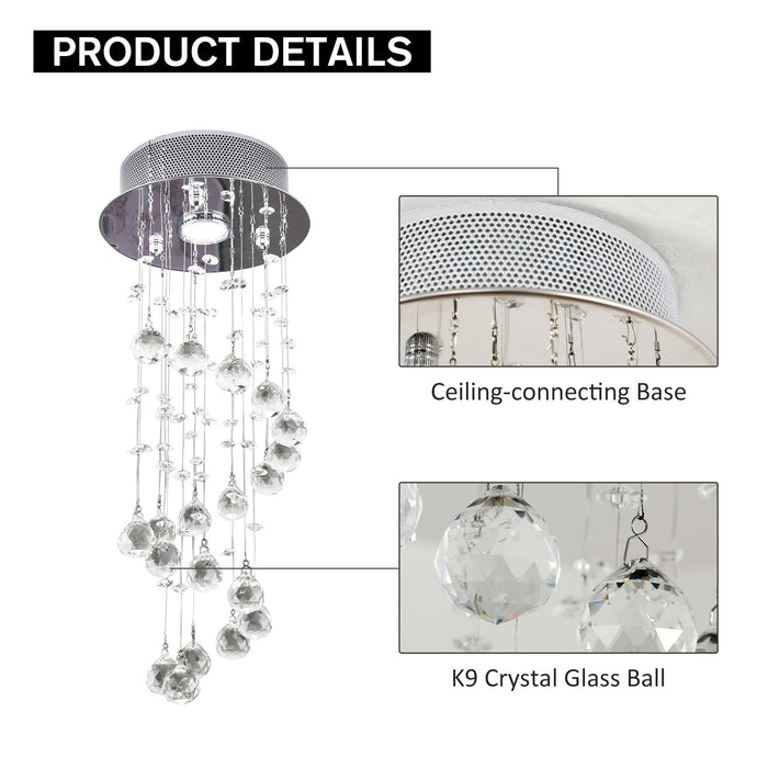 Elegant Metal Crystal Chandelier - Ceiling Pendant Light for Living Room and Stairway - Spiral Raindrop Design in Silver Finish