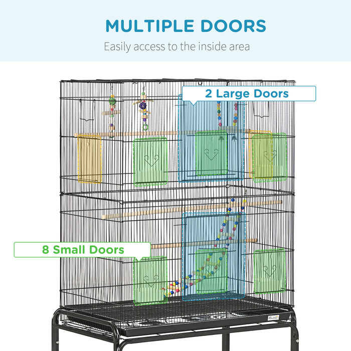 Bird Cage on Wheels with Stand and Accessories - Ideal for Canaries, Finches, Lovebirds, Parakeets - Includes Toys and Storage Shelf for Pet Convenience