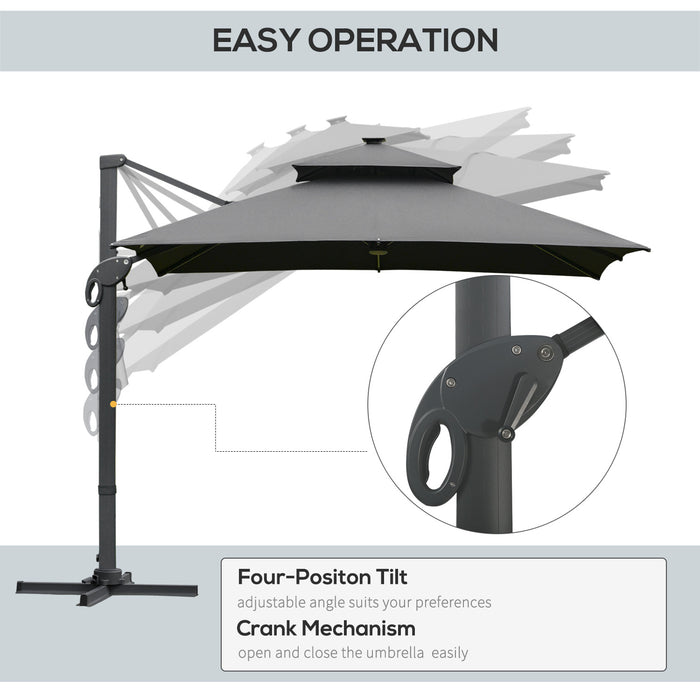 Cantilever Roma Parasol with LED Solar Light - 3x3m Outdoor Sun Umbrella with 360° Rotation and Cross Base - Ideal for Patio, Backyard in Dark Gray