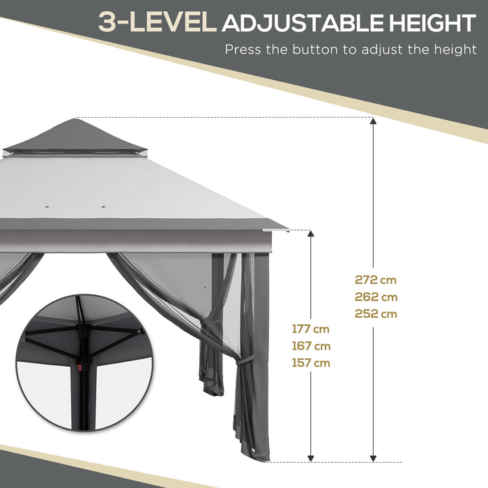 Height Adjustable 3x3m Pop-Up Gazebo with Netting - Easy Setup Outdoor Event Shelter, Grey - Includes Carrying Bag for Portability