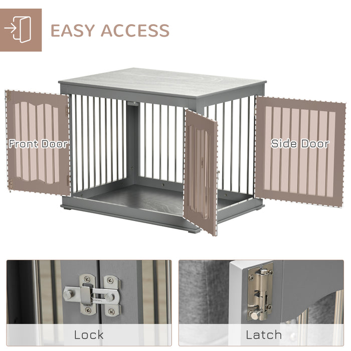 Three-Door Medium Dog Crate End Table - Furniture-Style Pet Crate with Secure Locks & Latches, Grey Finish - Ideal for Pet Confinement & Home Décor