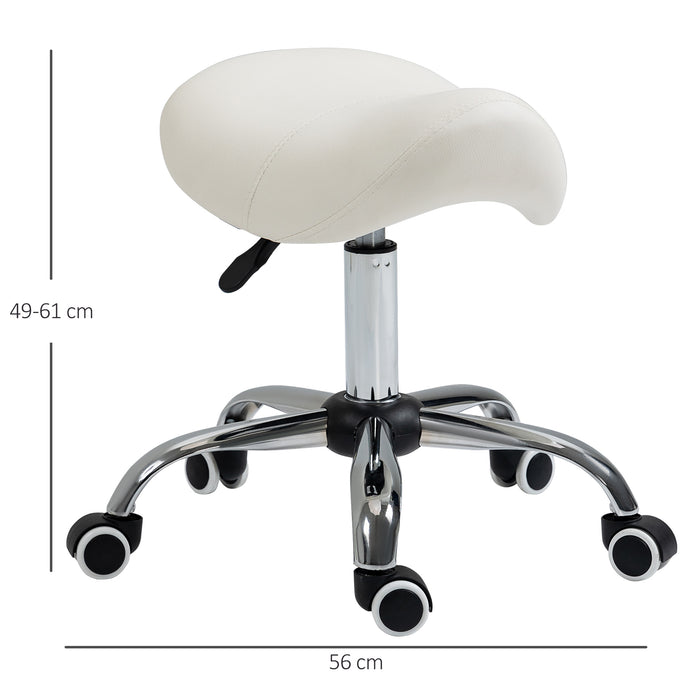 360° Rotating Adjustable Cosmetic Stool - Comfortable Cream Faux Leather Saddle Seat with Hydraulic Lift and Rolling Base - Ideal for Salon, Spa, and Massage Therapists