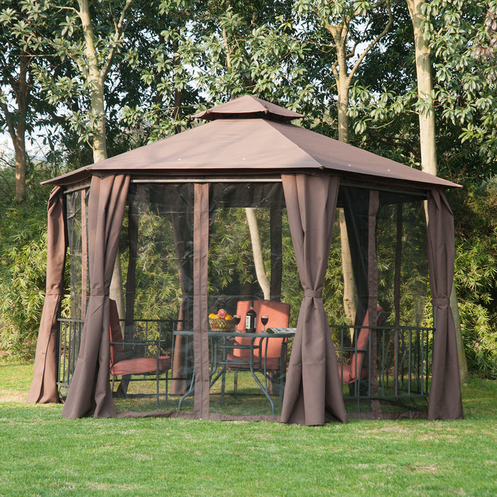 Hexagon Gazebo Canopy - Outdoor Patio Party Tent with 2-Tier Roof and Side Panel - Elegant Shelter for Garden Celebrations, Brown