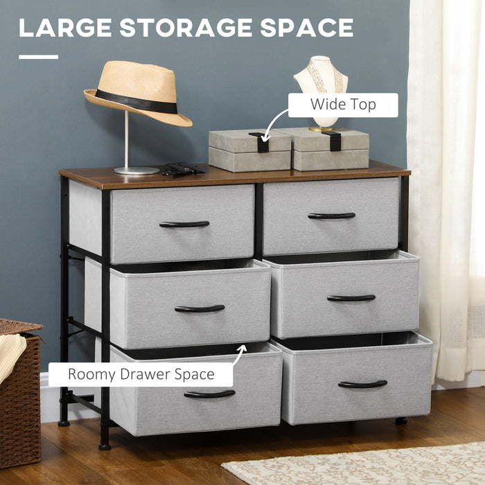 Industrial Bedroom Dresser with 6 Fabric Drawers - Steel Frame & Wooden Top Storage Organizer - Ideal for Nursery & Living Room, Grey