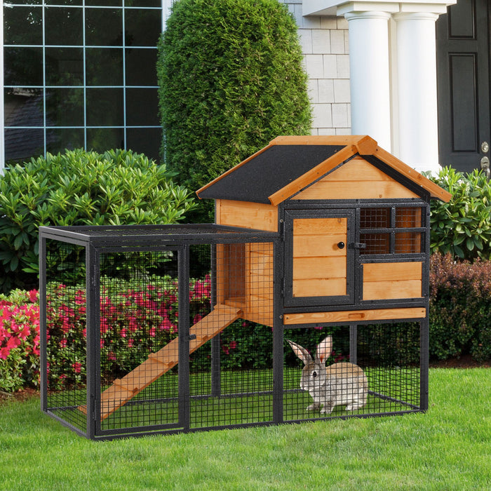 Elevated Wooden Rabbit Hutch with Metal Frame - Outdoor Pet Bunny Cage, Slide-Out Tray for Easy Cleaning - Ideal for Small Animals Safe Housing