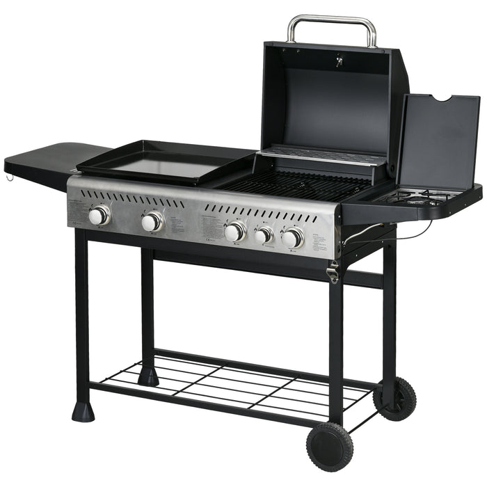 15 kW Gas BBQ Grill and Plancha with Side Burner - High-Power Outdoor Cooking Station, Black Finish - Perfect for Grilling Enthusiasts and Backyard Chefs