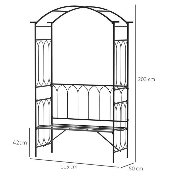 Garden Metal Arch Bench with Rose Trellis - 2-Seater Outdoor Patio Arbour Pergola for Climbing Plants, Vintage Classic Design in Black - Ideal for Romantic Seating & Garden Beautification