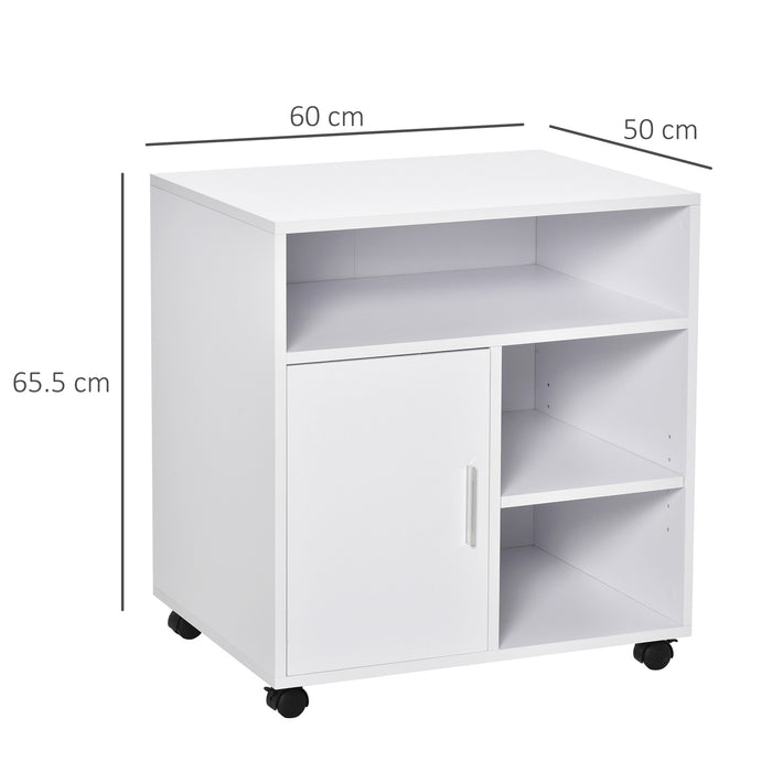 Mobile Printer Stand with Multi-Storage - Office Desk Side Organizer with Wheels, Modern Design, 60L x 50W x 65.5H cm - Ideal for Workspace Organization and Mobility in White