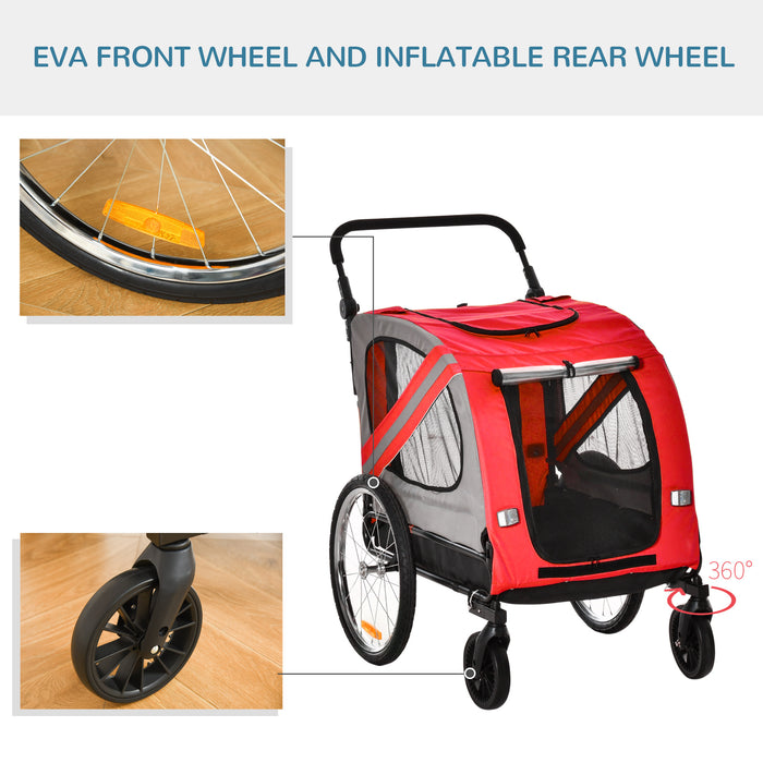 2-in-1 Dog Bike Trailer and Pet Stroller - Reinforced Steel Frame Bicycle Carrier with Universal Wheel, Reflectors & Safety Flag - Red Travel Cart for Small to Medium Pets