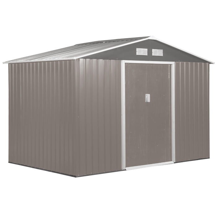 Metal Garden Storage Shed 9x6 ft - Sloped Roof, Double Door, Ventilation, with Foundation - Outdoor Tool House, Grey, Protects Equipment and Tools