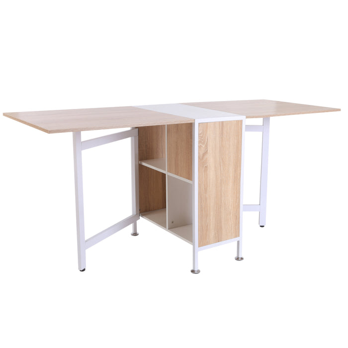 Foldable Oak & White Dining Table - Space-Saving Workstation with Storage Shelves - Ideal for Small Apartments & Studios