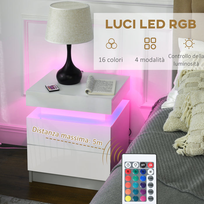 Modern White Bedside Table with Built-in LED Light - High Gloss 2-Drawer Nightstand - Perfect for Bedroom and Living Room Storage Needs