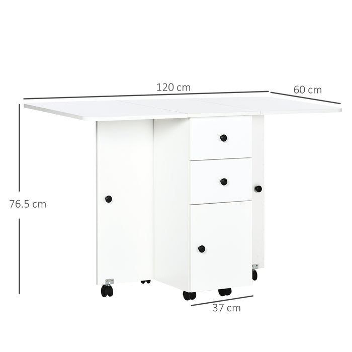 Extendable White Dining Table - Spacious Folding Table with Drop Leaf, Storage Drawers, Cabinet & Shelf - Ideal for Small Spaces, 4-6 People Seating on Wheels