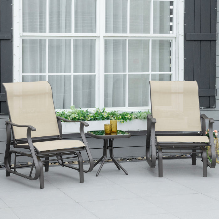 Outdoor Rocking Chair Ensemble - 3-Piece Glider Set with Tempered Glass Tea Table & Cushioned Armchairs - Perfect Patio Furniture for Relaxation