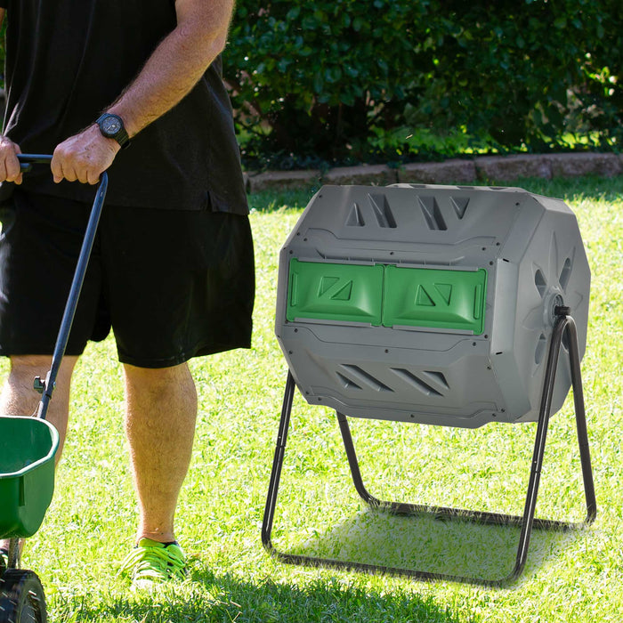 160L Dual Chamber Tumbling Composter - Outdoor 360° Rotating Bin with Sliding Doors and Steel Frame, Grey - Eco-Friendly Waste Composting for Garden Enthusiasts