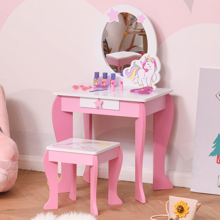 Kids Unicorn Dressing Table with Stool and Acrylic Mirror - Pink and White Dresser for Girls, Pretend Play Furniture - Ideal for Ages 3-6, Encourages Imaginative Play