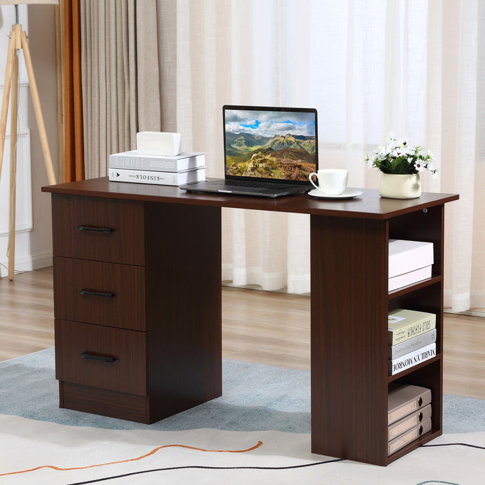 120cm Walnut Brown Computer Desk - Storage Shelves and Drawers Writing Table Workstation - Ideal for Home Office and Study Spaces