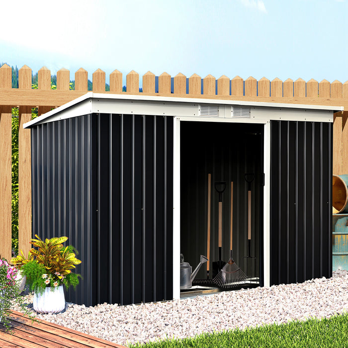 Metal Garden Shed 9x4 ft - Corrugated Steel Roof, Ventilation Kit, and Double Doors - Patio Storage Solution for Tools and Equipment, Dark Grey