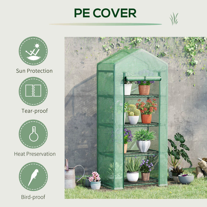 4 Tier Mini Greenhouse - Compact Portable Structure with PE Cover & Steel Frame, Roll-up Door - Ideal for Limited Space Gardening and Plant Protection