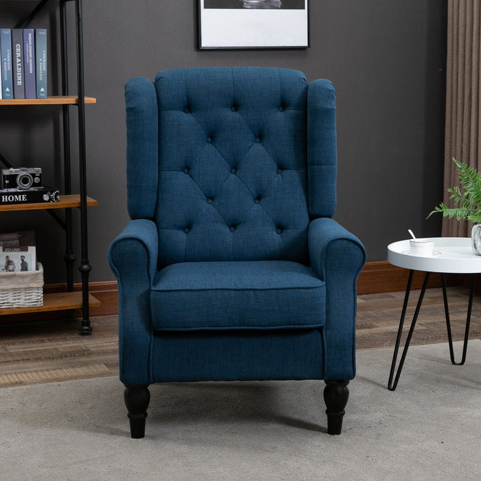 Retro Blue Wingback Accent Chair - Tufted Upholstery and Button Detailing - Elegant Occasional Seating Solution for Living Room and Bedroom