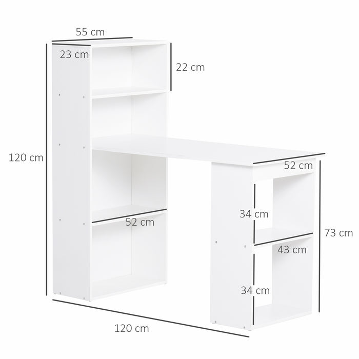 120cm Modern Computer Desk with Bookshelf - Writing Table & Workstation for PC, Laptop with 6 Shelves - Ideal for Study and Home Office Use in White