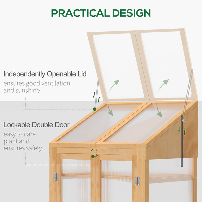 Cold Frame Wooden Greenhouse - Polycarbonate Semi-Transparent Glazing with Openable Lid and Double Doors - Ideal for Season Extension & Protecting Seedlings, 70x50x120cm, Brown