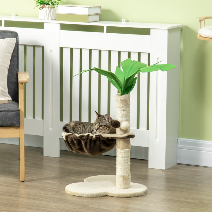 Coconut Tree Design Cat Tower - 68cm Beige Kitty Activity Center with Hammock & Sisal Scratching Post - Ideal for Playful Cats and Scratching Training