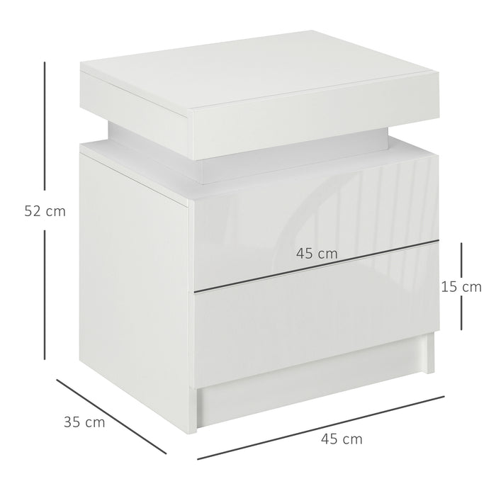 Modern White Bedside Table with Built-in LED Light - High Gloss 2-Drawer Nightstand - Perfect for Bedroom and Living Room Storage Needs