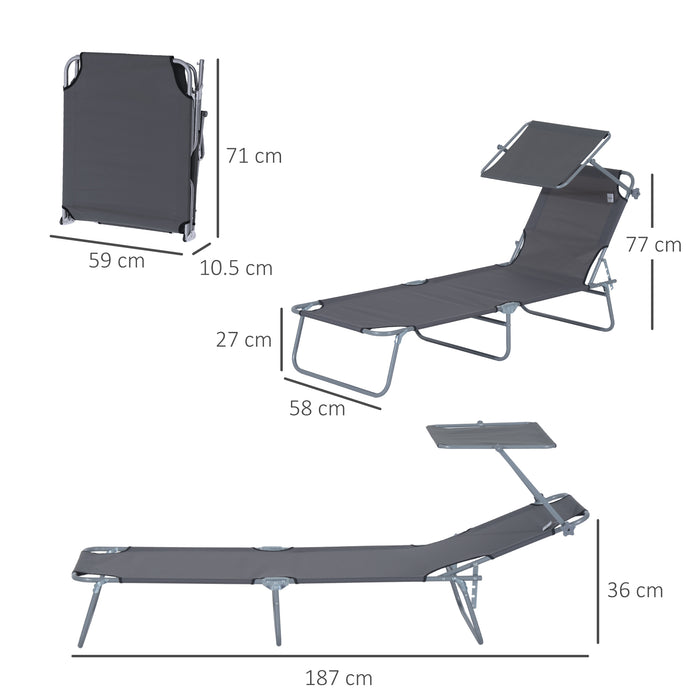 Folding Sun Lounger with Shade Awning - Adjustable Reclining Chair for Beach and Garden - Grey Outdoor Patio Recliner for Sunbathing and Relaxation