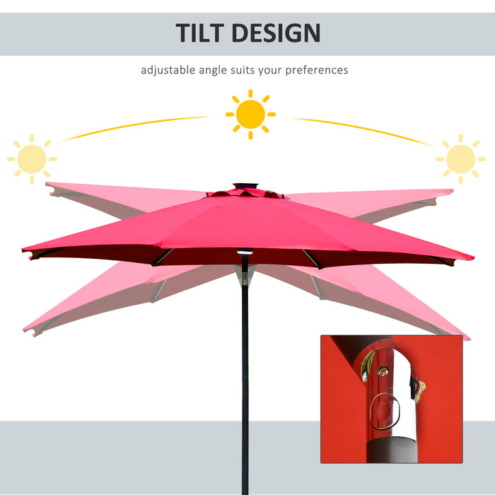 Garden Parasol Sun Umbrella 2.7m with Solar LED Lights - Angled Canopy, Air Vent, and Crank Tilt Features in Vibrant Red - Ideal Summer Patio Shelter for Day and Night