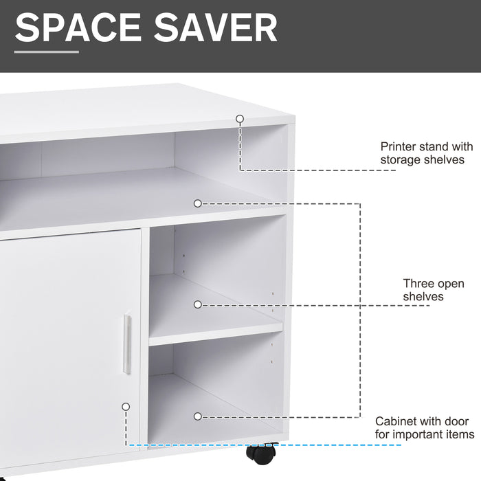 Mobile Printer Stand with Multi-Storage - Office Desk Side Organizer with Wheels, Modern Design, 60L x 50W x 65.5H cm - Ideal for Workspace Organization and Mobility in White