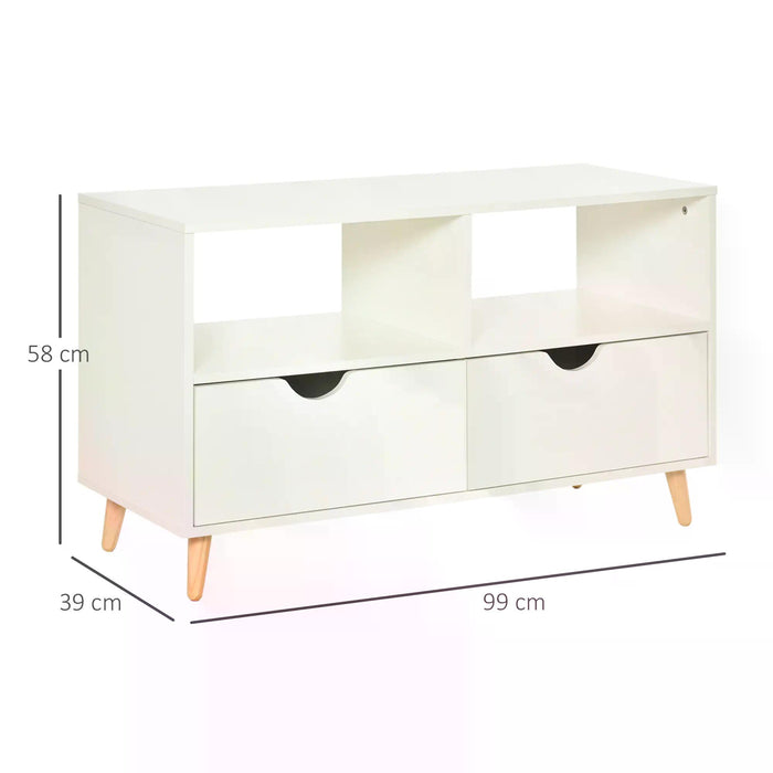 Modern White TV Stand - Shelving & Drawer Storage Media Entertainment Center - Sleek Design for Living Room Organization