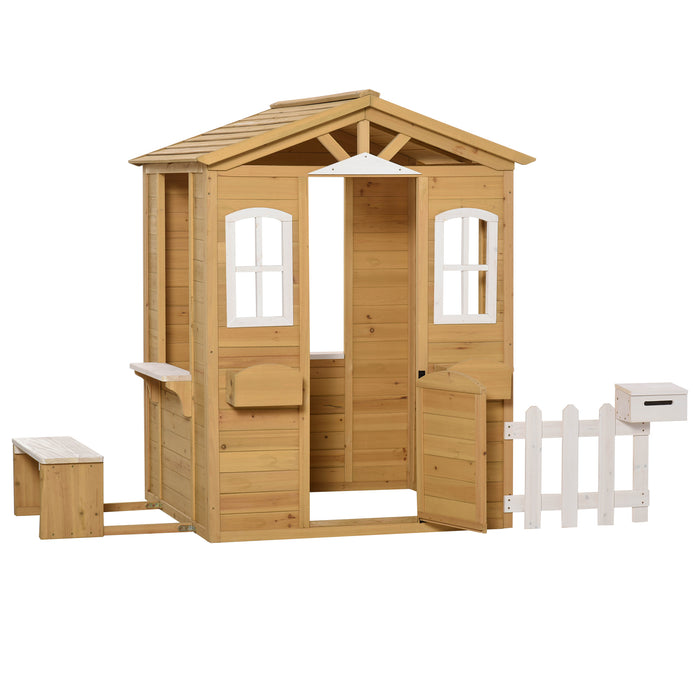 Wooden Playhouse with Accessories - Outdoor Playhouse with Doors, Windows, Mailbox, and Flower Pot Holder - Fun and Creative Play for Kids and Toddlers