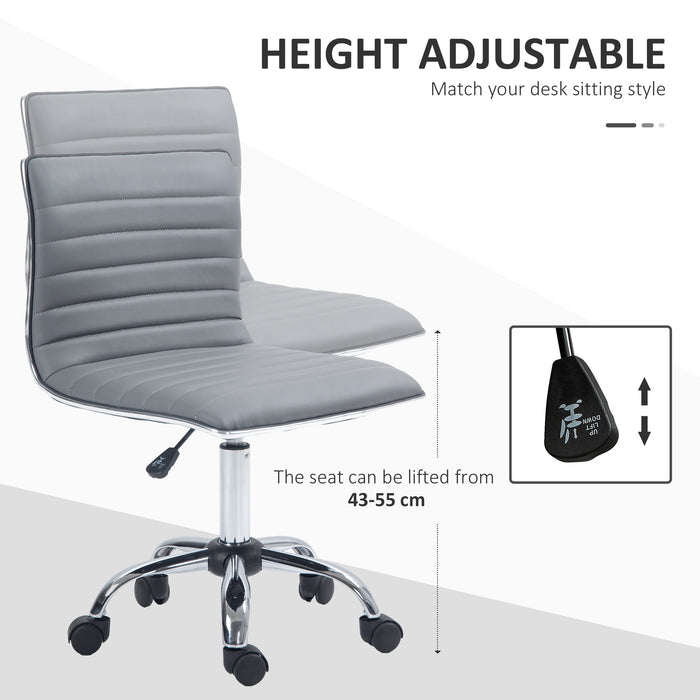 Ergonomic Armless Mid-Back Chair in PU Leather - Swivel Design with Chrome Base - Perfect for Home Office Comfort in Light Grey