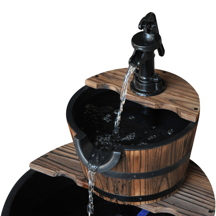 Rustic Barrel-Designed Water Fountain - Wooden 2-Tier Cascading Water Pump Feature for Gardens and Decks - Outdoor Relaxation and Ambient Decor