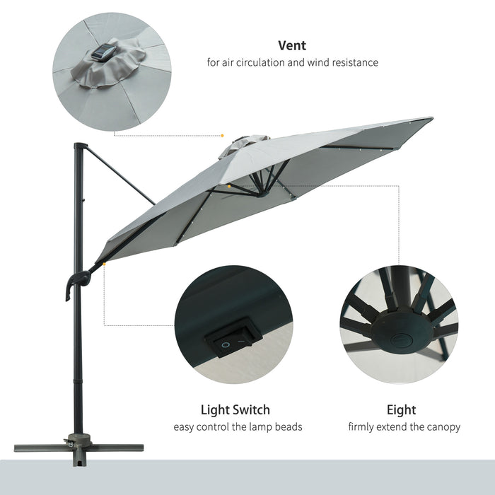 Cantilever Roma 3m Umbrella - LED Solar-Lit Patio Sunshade with Cross Base, 360° Rotation - Ideal for Outdoor Relaxation and Nighttime Ambiance