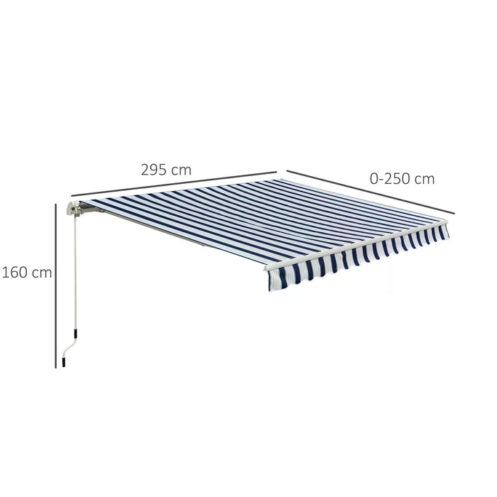 Manual Retractable Awning 3m x 2.5m - Blue/White Garden Patio Sun Shade Shelter Canopy - Ideal for Outdoor Comfort & UV Protection