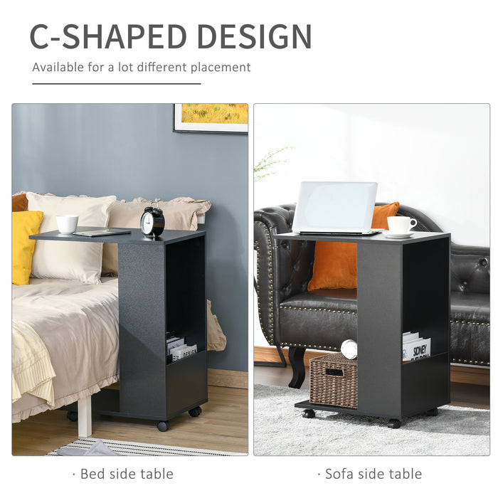 C-Shape Sofa Side Table with Storage - Mobile End Table with Casters for Laptop & Snacks, Black - Ideal for Living Room Convenience